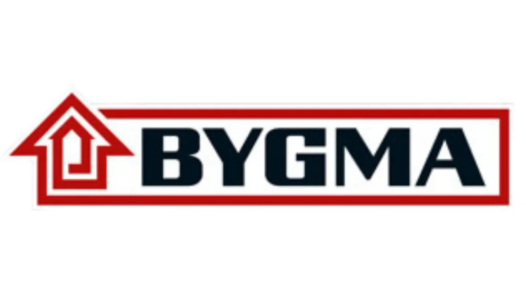 Bygma logo med hus-ikon, tømrer og snedker ekspertise.