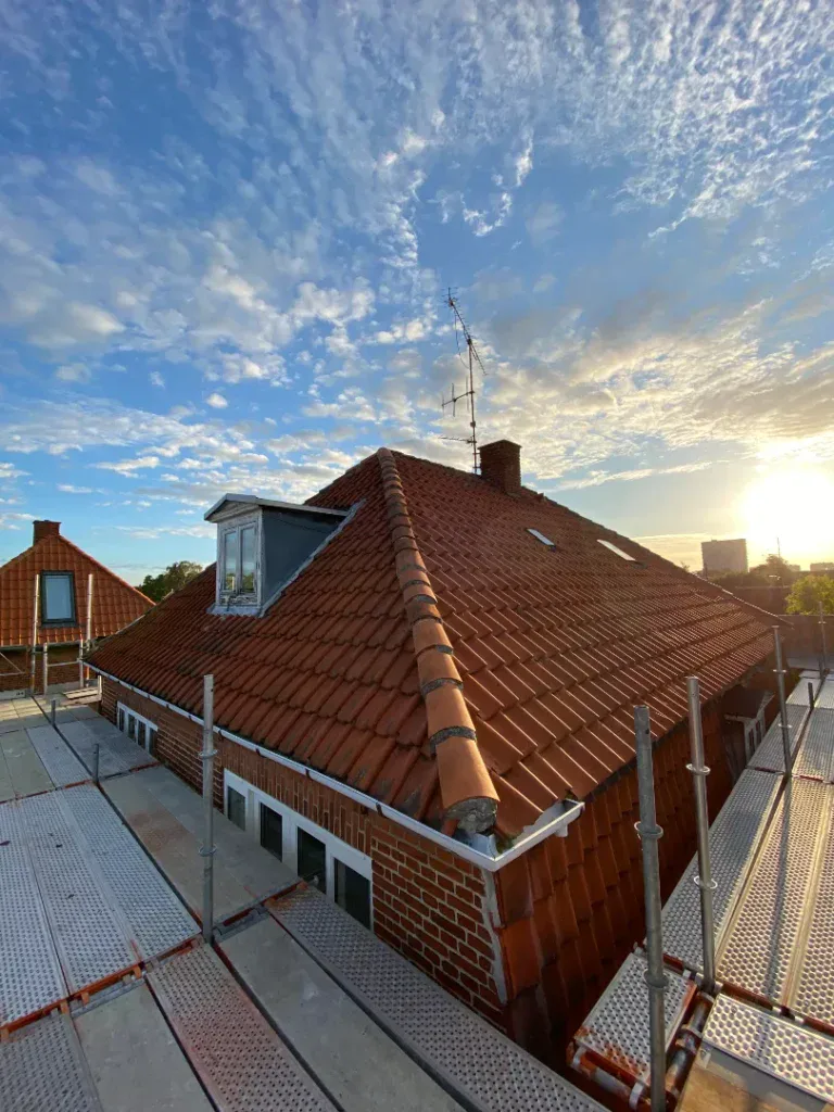 Tag med rødt tegltag og tagvindue, perfekt til nybyggeri eller renovering.
